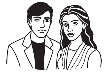 Fototapeta premium Professional Black and White Portrait of Man and Woman, Stylized Vector Illustration of Business Couple, Elegant Line Art of Male and Female Characters