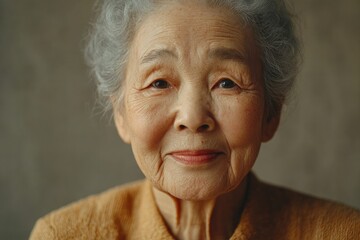 Close-up portrait of a smiling elderly Asian woman with wrinkles, showcasing her age and beauty.