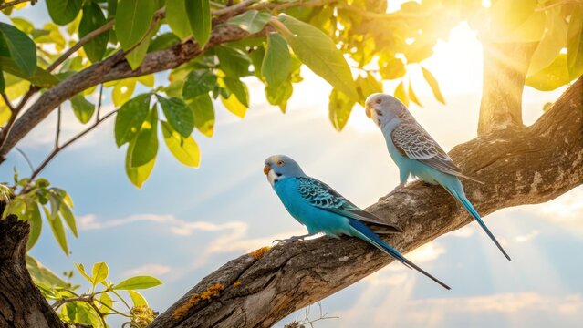 Two Budgies on Branch at Sunset, Bird Photography, Avian Wildlife, Nature, Parakeets Budgie, Parakeet