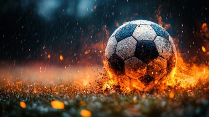 Fototapeta premium Fiery soccer ball in rain. Burning ball on a field during a storm