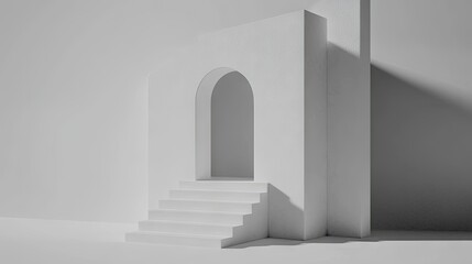 Obraz premium A minimalist white architectural scene with steps and an archway.
