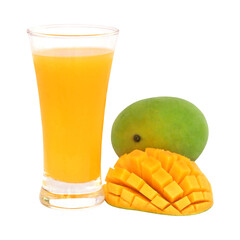 a glass of mango juice and cut mango fruit isolated on white background, mango pieces PNG