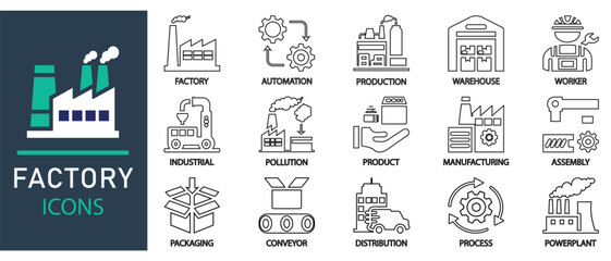 Factory icon set. Featuring line style symbols of production, automation, manufacturing, industrial process, warehouse, assembly, worker, packaging, conveyor, distribution, power plant.
