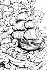 Traditional Sailor Motifs With Waves, coloring book design, vector illustration