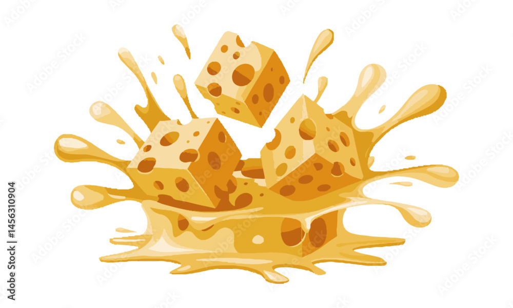 Fototapete modern vector illustration of swiss cheese cubes exploding with melted cheese splashes, easily scala