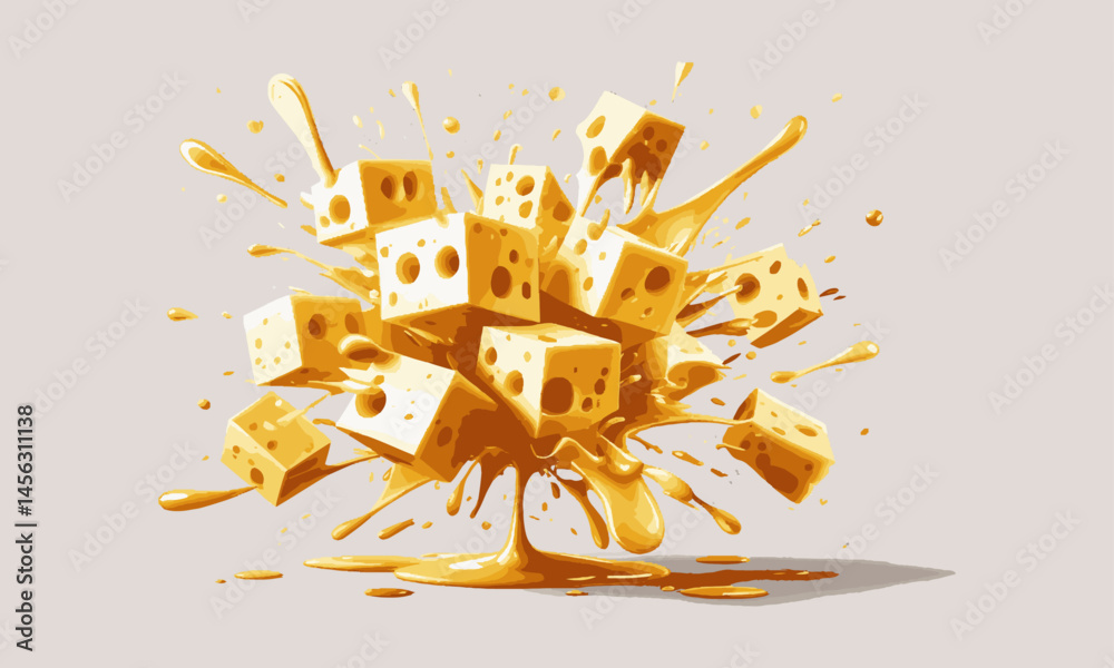 Fototapete modern vector illustration of swiss cheese cubes exploding with melted cheese splashes, easily scala