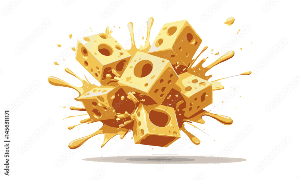 Fototapete Modern vector illustration of Swiss cheese cubes exploding with melted cheese splashes, easily scalable and editable.