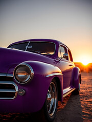 Purple classic car in desert at sunset.