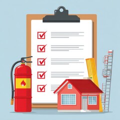 Inspection Checklist with Fire Extinguisher, House Model, Ladder, and Tools for Home Safety and Fire Prevention Awareness