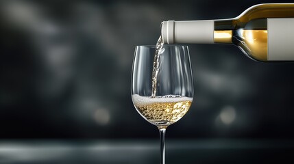 Pouring white wine into a crystal glass in a dimly lit setting for a cozy gathering or celebration