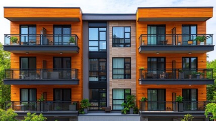 Fototapeta premium Modern apartment building featuring wood and stone facade and ba