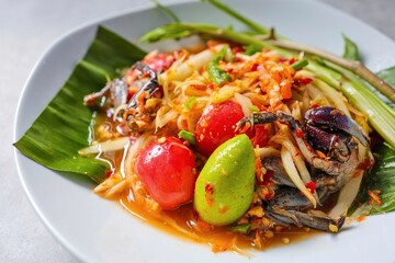 Close up of Papaya salad, Som Tam , som tum, thai food, isan food,Thai isan kitchen , som tum thai poo in white plate