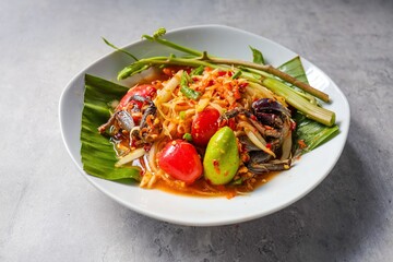 Papaya salad, Som Tam , som tum, thai food, isan food,Thai isan kitchen , som tum thai poo in white plate
