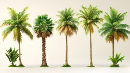 Fototapeta premium Five diverse palm trees, various species, detailed rendering