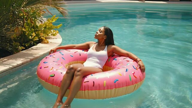 Woman relaxing in a pool on a donut floatie.