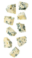 Multiple blue cheese crumbles levitating with transparent background