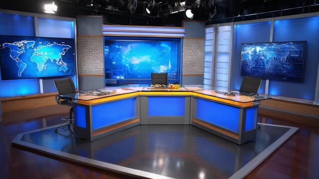 Modern news studio with blue lighting, world map displays, and a polished wooden floor