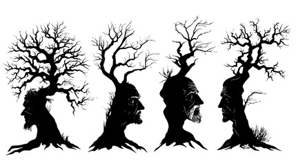 Ancient Trees With Faces Carved, vector graphic