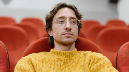 Man in a yellow sweater sitting in a movie theater.