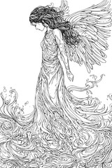 Angel Walking Across Shallow Water, coloring book style, vector graphic