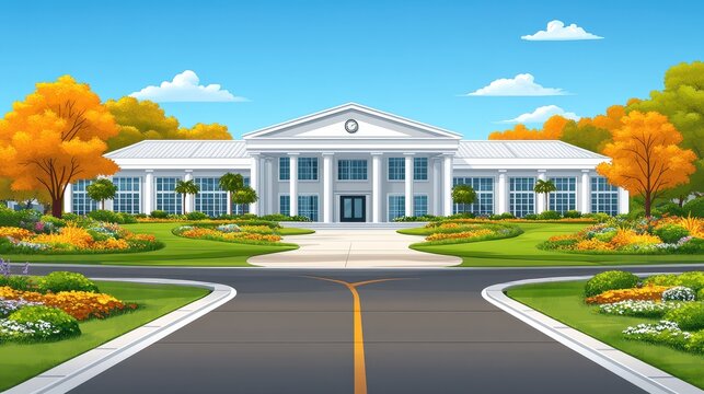 Grand white mansion cartoon illustration on a sunny day with bea