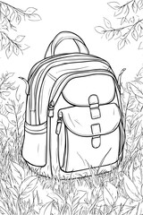 Backpack Resting On Grassy Field, coloring book style, vector graphic