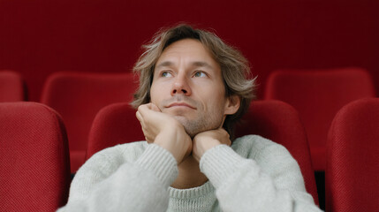 Man sitting in a movie theater contemplating.