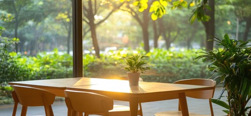 Obraz premium Bright interior scene with a wooden table and chair with natural view