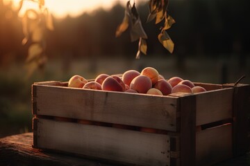 Fresh Peaches in Wooden Crate at Sunset. Organic Farm Harvest
