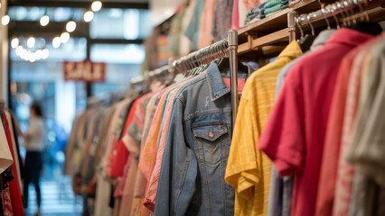 Vintage store clothing sale: A vibrant rack showcases an assortment of vintage clothing, inviting exploration and discovery in a nostalgic retail experience.