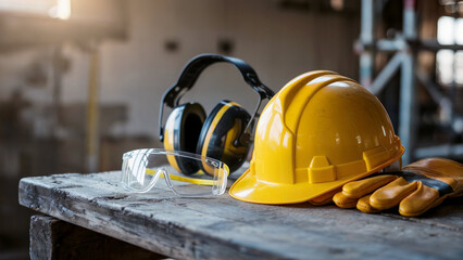 Safety First: Protective equipment, including a yellow hard hat, earmuffs, gloves, and safety glasses, sit neatly on a dusty workbench, a testament to workplace safety and precaution.