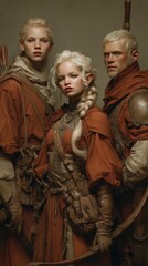 Fantasy elf warriors in medieval armor with blonde hair and serious expressions.
