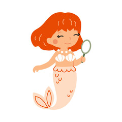 Cute little mermaid with red hair holding mirror. Cartoon vector illustration