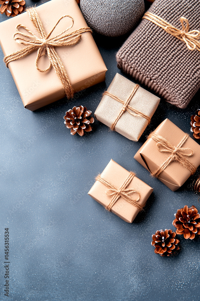 Wall mural group of presents are tied with strings and surrounded by pine cones. concept of warmth and festivit