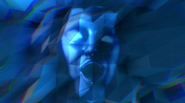 An undulating and pulsating looping background in a 3D polygon style featuring a strange AI face.