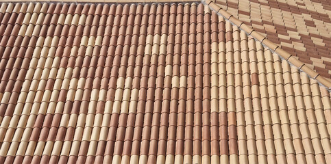 An overhead shot shows a tiled roof with alternating rows of light and dark terracotta barrel tiles