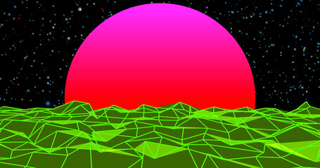 Sun, polygonal surface and a large red circle among the stars. Concept retro sky fi neon, copy space.