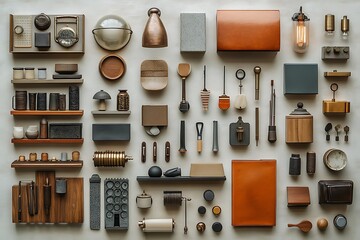 Organized arrangement of artisan craft supplies and tools on a neutral background display