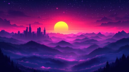 Pixelated sunset over misty hills with distant cityscape and sta