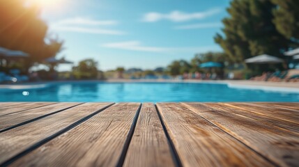 Fototapeta premium Beautiful wooden deck by the serene pool at a sunny resort area during midday