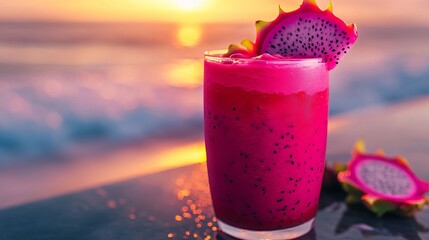 Refreshing Pink Dragon Fruit Smoothie Tropical Sunset Beach Drink Summer Vacation Delicious Exotic Fruit Beverage Healthy Vitamin C Rich Tasty        