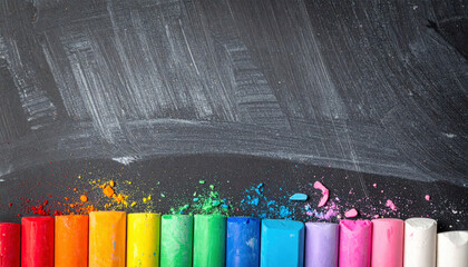 Vibrant Rainbow Colored Chalk Sticks on Dark Blackboard Background