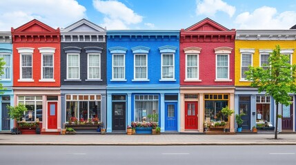 Obraz premium Vibrant row houses architecture diverse facades painted in many 