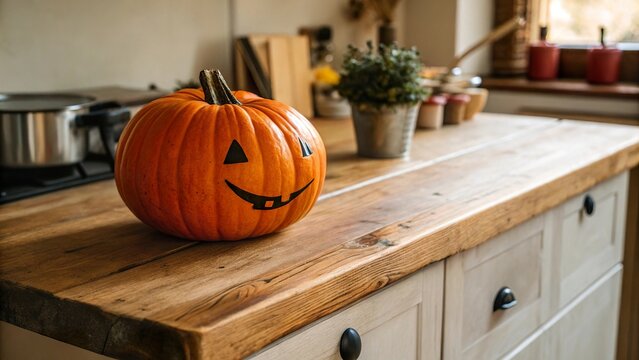 A bright orange pumpkin sitting on a wooden countertop