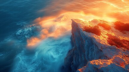 Naklejka premium Dramatic coastal sunset. Powerful waves crash against a rocky cliff, illuminated by a fiery golden light