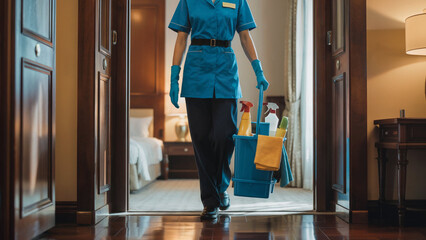 Hotel Cleaning Service: A focused hotel cleaner, dressed in professional uniform, walks purposefully through an open doorway, signifying a dedicated commitment to cleanliness and guest comfort.
