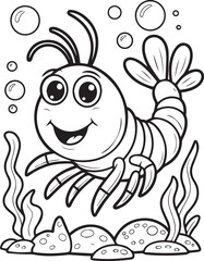 Obraz premium Cute cartoon shrimp in underwater scenery black line art vector illustration for children coloring book