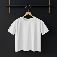 White cropped t-shirt on a wooden hanger, against a dark backdrop  The shirt is simple, with short sleeves and a crew neckline