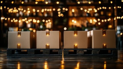 Four cardboard boxes, lit from within, sit on wooden pallets,  festive warm lights