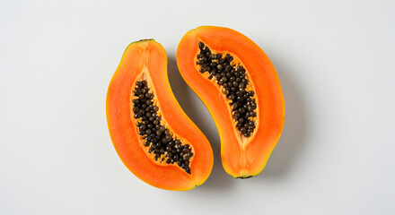 Halved Papaya Showing Seeds on White Background Minimalist Still Life
